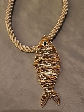 Piper K Gold Twisted Cream Rope Necklace with Fish Pendant Charm Ta